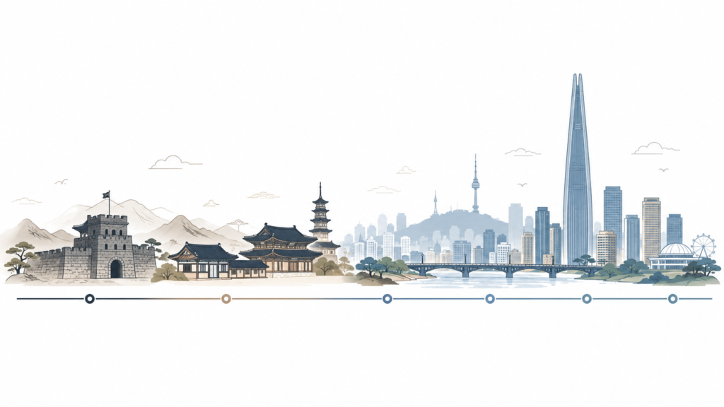 History of Seoul Korea timeline banner featuring traditional Hanok architecture and modern city landmarks