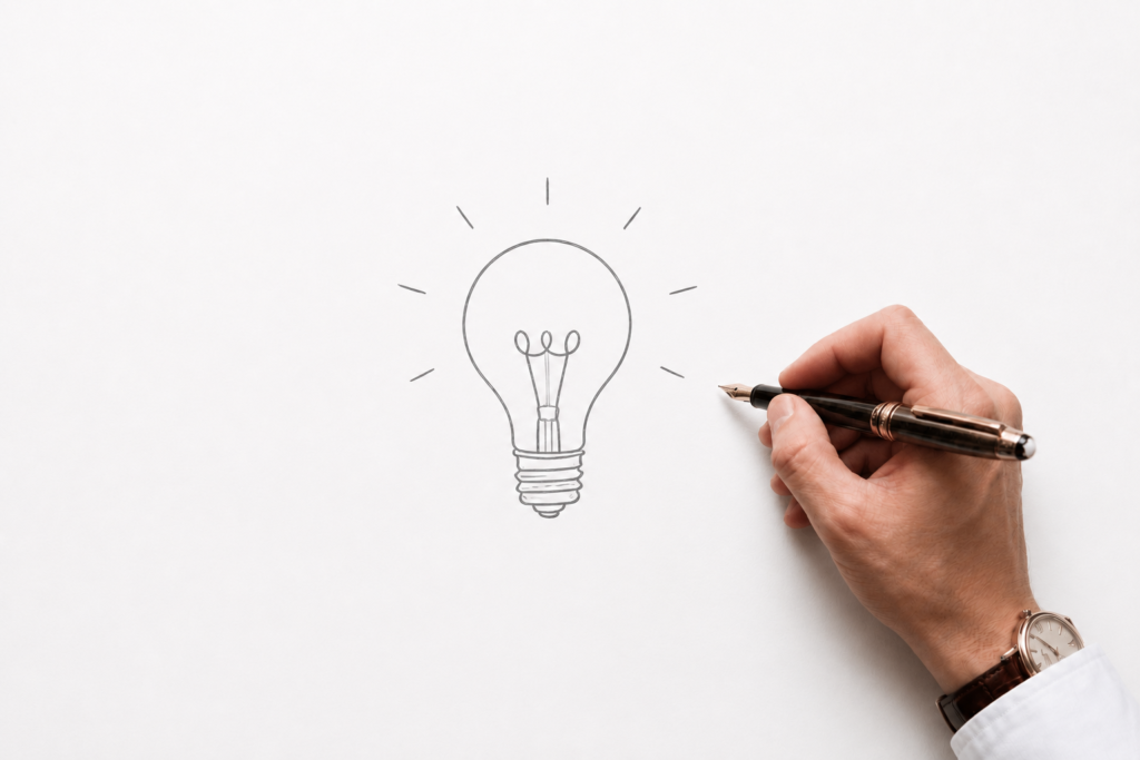 Hand drawing a glowing light bulb with a fountain pen on white paper (Notes category cover image)