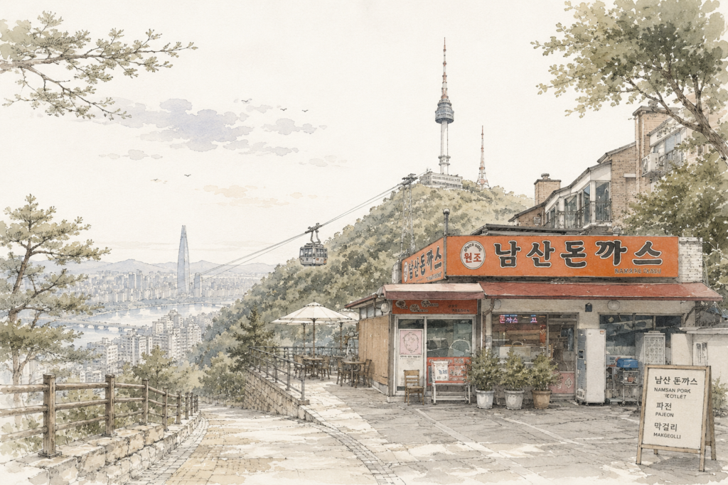 Illustrated mountain ridgeline overlooking Seoul, representing the city's hiking trails and natural landscape, seoul-mountains-hiking-trails-illustration