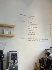 Menu on the wall at Alexander Coffee Studio, Seoul