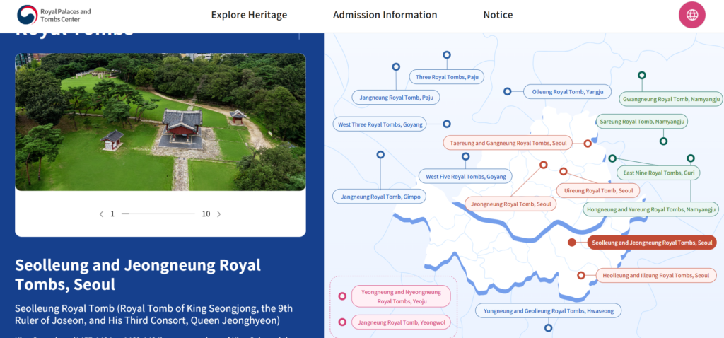 "Official website screenshot of Royal Palaces and Tombs Center showing Seolleung and Jeongneung Royal Tombs, Seoul. It features a photo of the tomb complex and an interactive map with markers for different royal tombs in Seoul and surrounding areas."