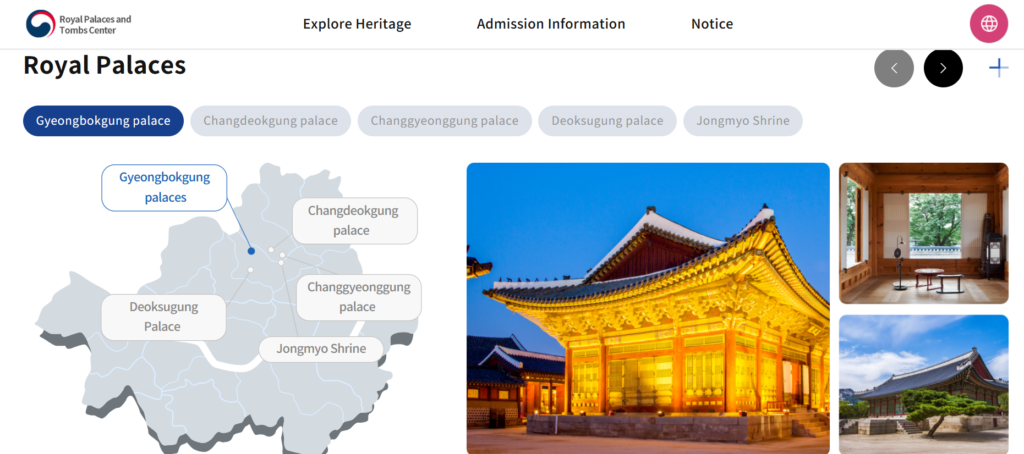 "Official website screenshot of Royal Palaces and Tombs Center showing details about Royal Palaces. Features a list of main palaces, a map of Seoul highlighting their locations, and a gallery with a beautiful lit-up traditional building, an interior shot, and Gyeongbokgung palace grounds."
